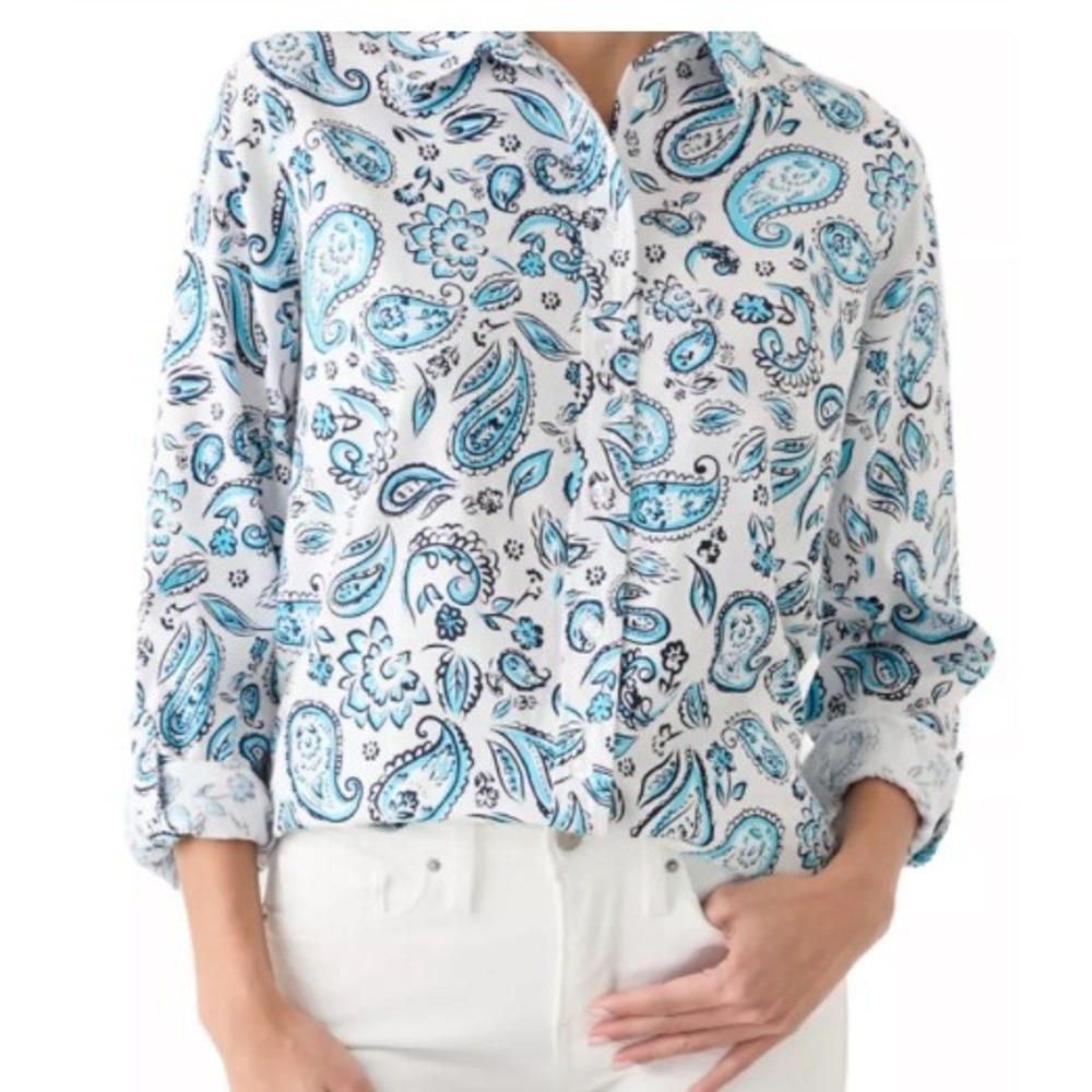 Kim Rogers Blue Paisley Linen Blend Button Down Shirt Womens PL Petite Large